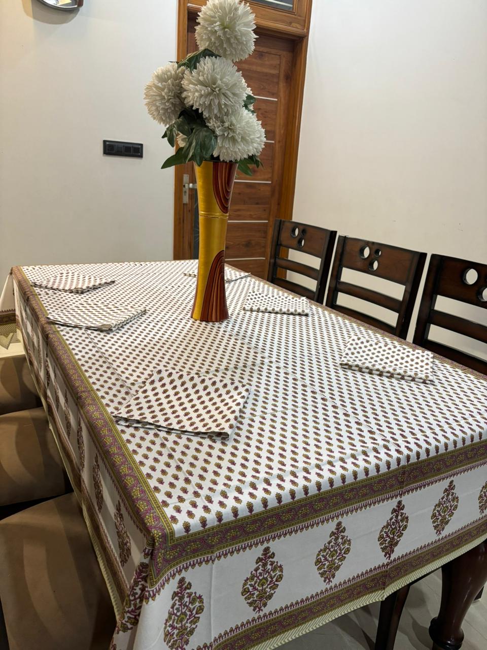 6 Seater Handblock Printed Dining Table Cover with 6 Napkins | Heavy South Cotton Murgan Fabric | 150×225 cm Tablecloth | Handmade Home Furnishing by The Handblock Jaipur