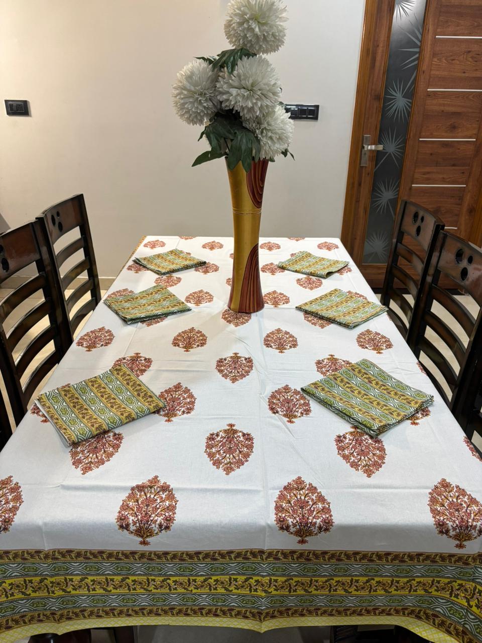 6 Seater Handblock Printed Dining Table Cover with 6 Napkins | Heavy South Cotton Murgan Fabric | 150×225 cm Tablecloth | Handmade Home Furnishing by The Handblock Jaipur
