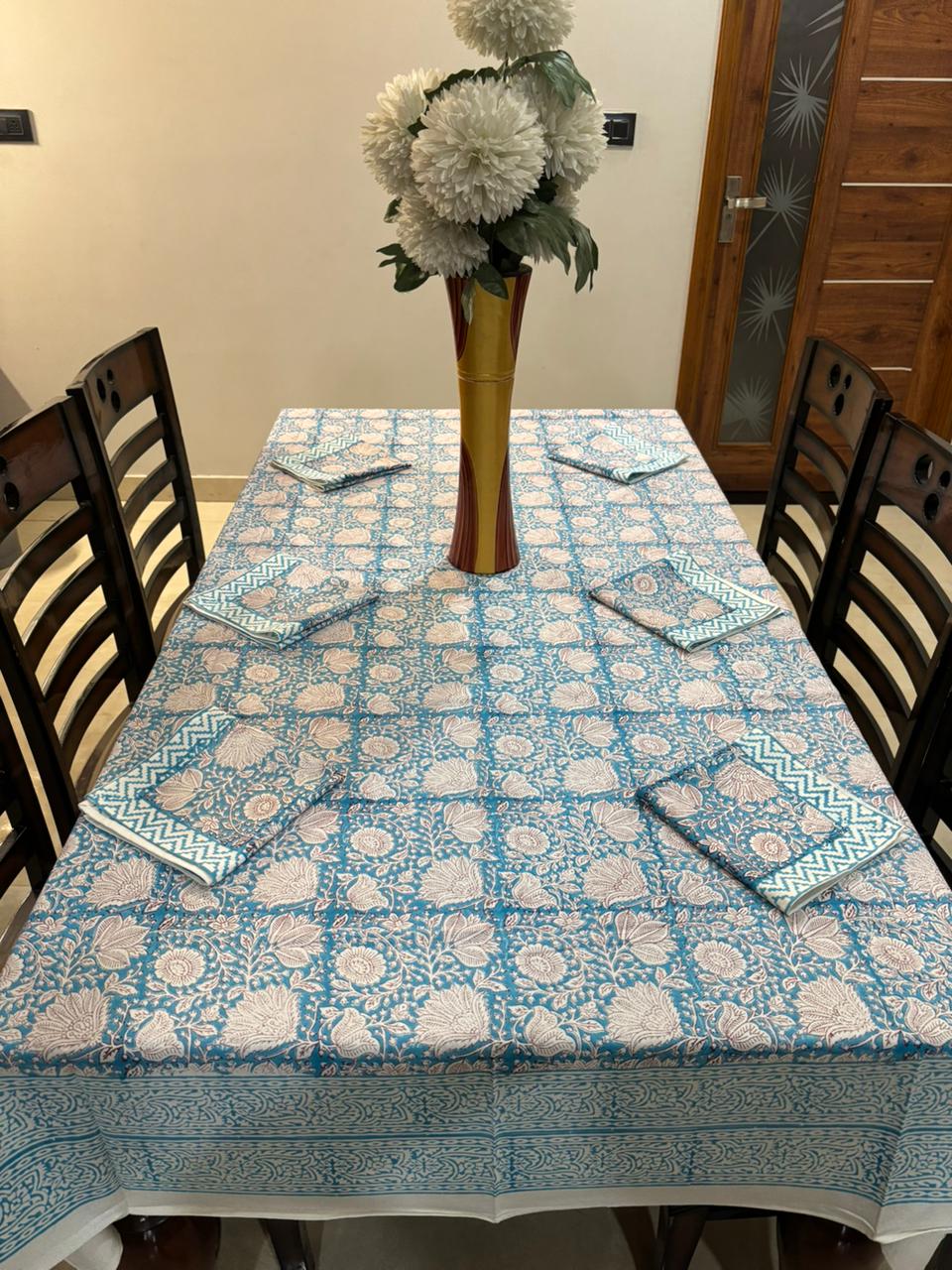 6 Seater Handblock Printed Dining Table Cover with 6 Napkins | Heavy South Cotton Murgan Fabric | 150×225 cm Tablecloth | Handmade Home Furnishing by The Handblock Jaipur
