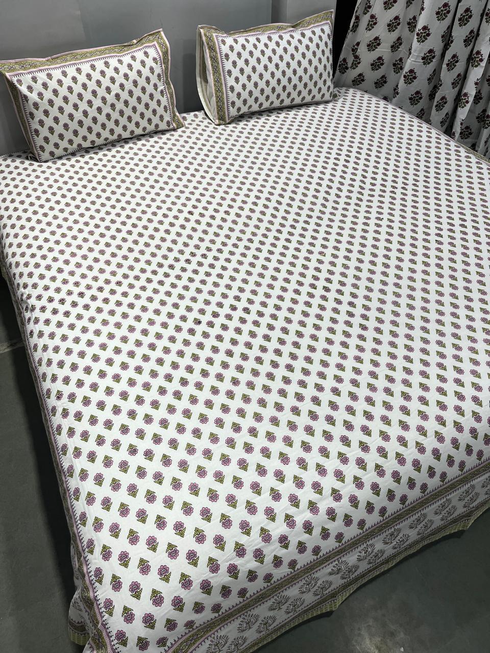 Handblock Printed Super King Size Cotton Bedsheet 108×108 with 2 Pillow Covers | South Cotton Murgan Fabric | Soft & Colorfast