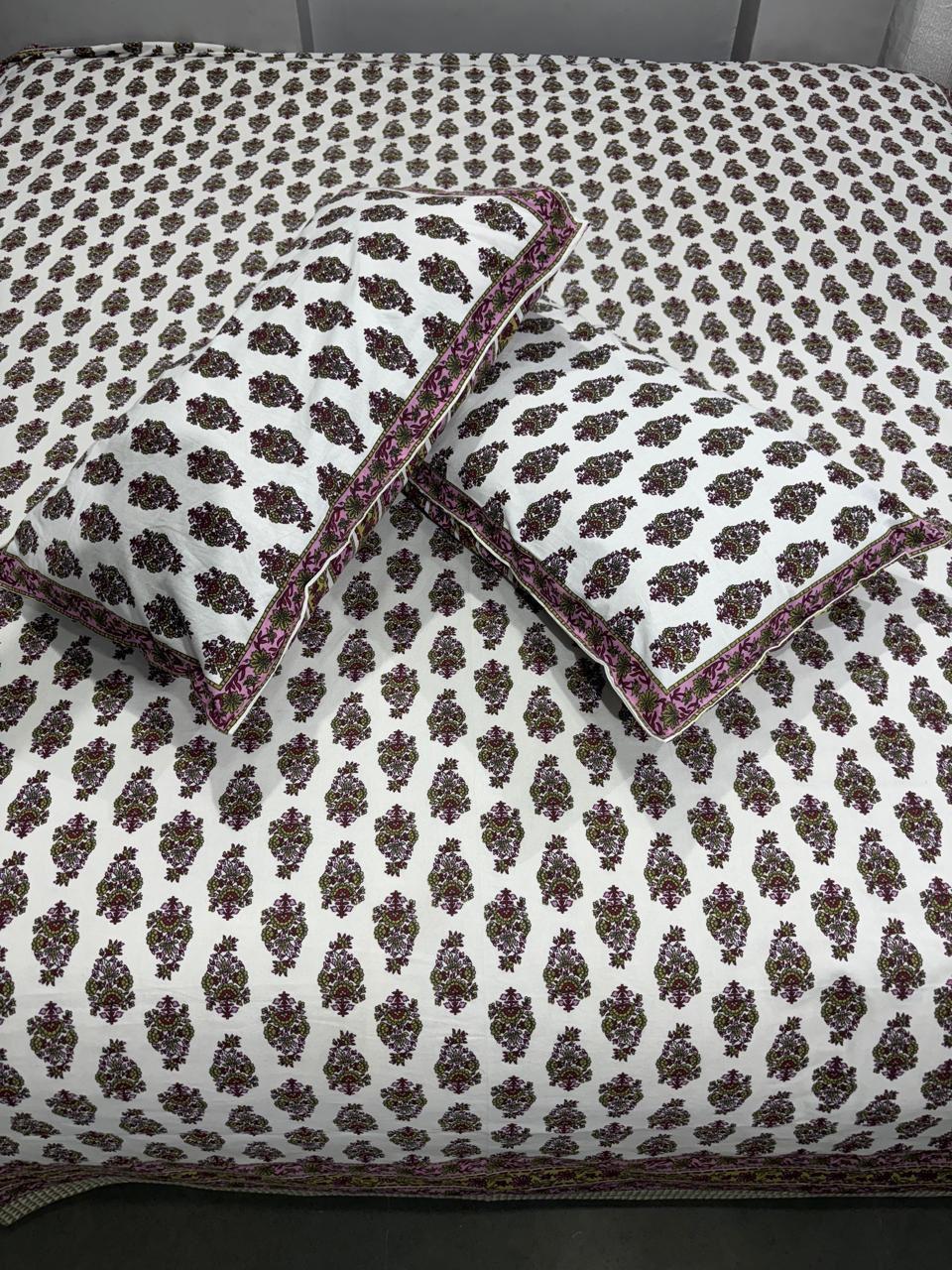 Handblock Printed Cotton Bedsheet King Size with 2 Pillow Covers | South Murgan Fabric | 90×108 Double Bed