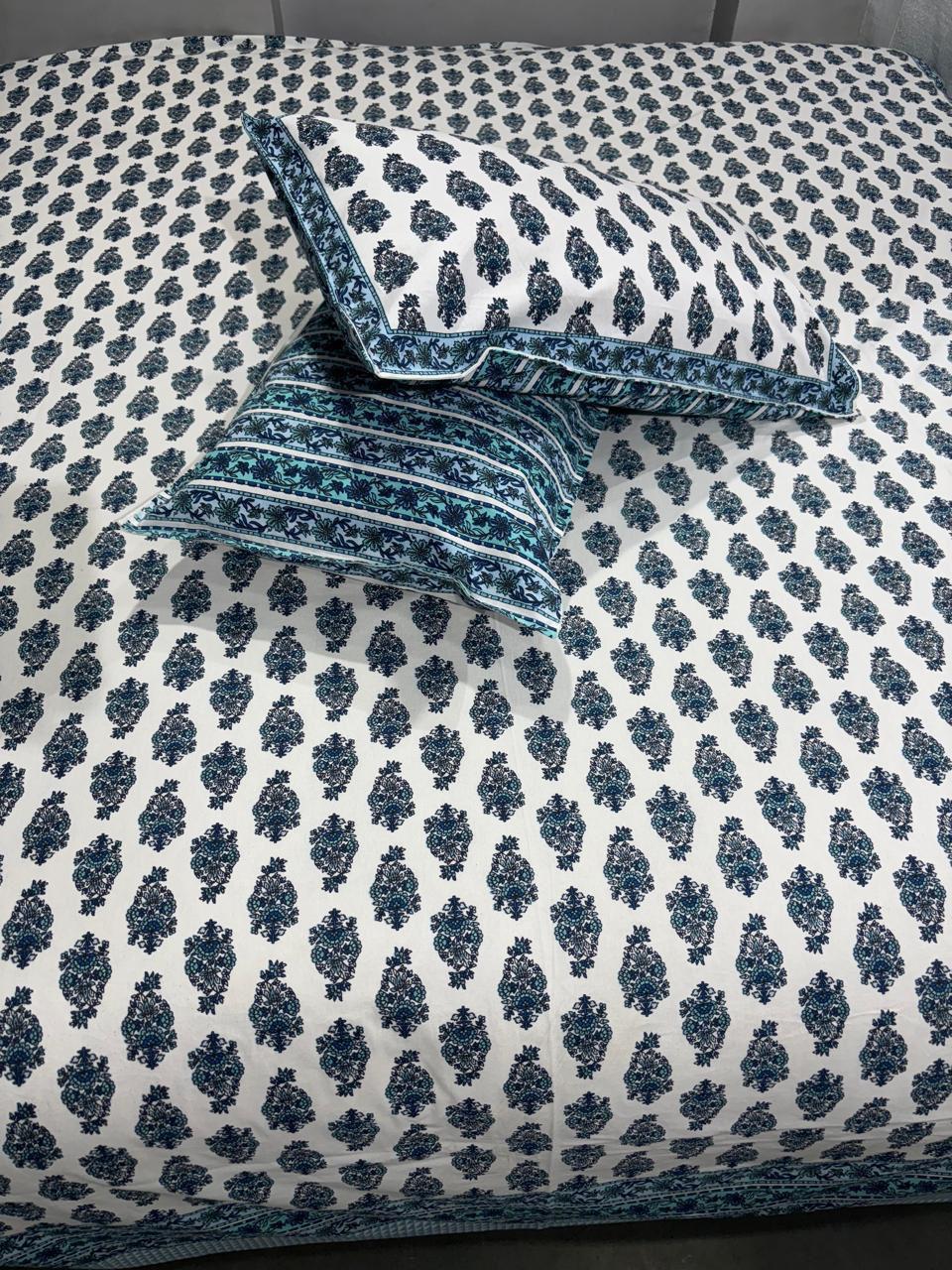 Handblock Printed Cotton Bedsheet King Size with 2 Pillow Covers | South Murgan Fabric | 90×108 Double Bed