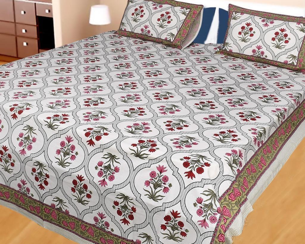 Handblock Printed Cotton Bedsheet King Size with 2 Pillow Covers | South Murgan Fabric | 90×108 Double Bed