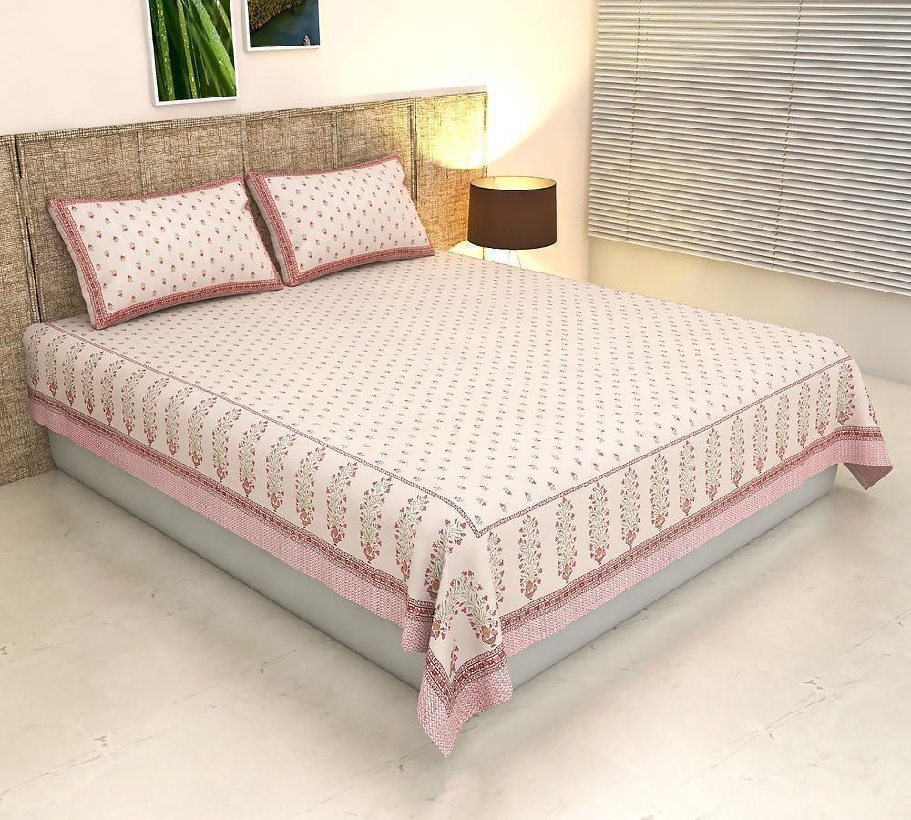 Handblock Printed Cotton Bedsheet King Size with 2 Pillow Covers | South Murgan Fabric | 90×108 Double Bed