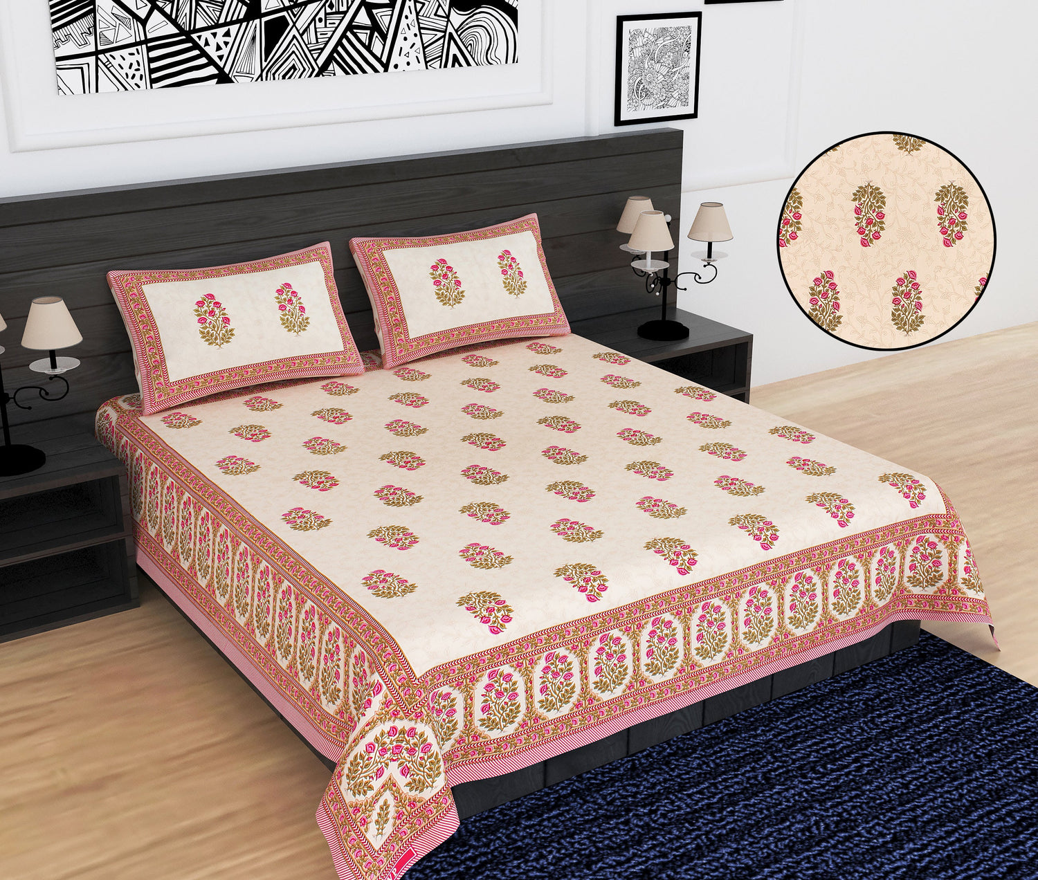 Double Bed King Size Organic Cotton Bedsheet – Handblock Printed