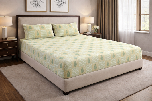 Handblock Printed Fitted Cotton Bedsheet – 100% Pure Cotton | Queen, King & Super King Size | Elastic Mattress Sheet