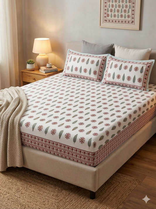 Handblock Printed Fitted Cotton Bedsheet – 100% Pure Cotton | Queen, King & Super King Size | Elastic Mattress Sheet