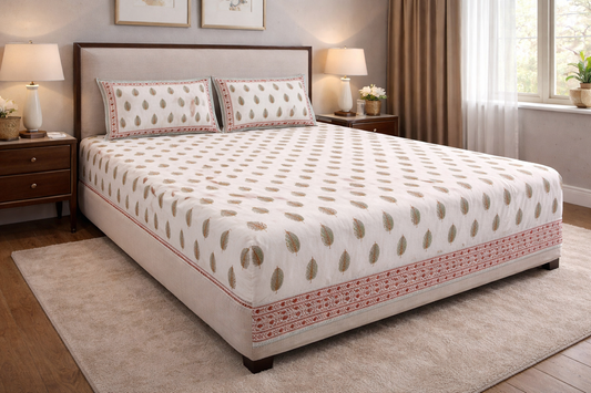 Handblock Printed Fitted Cotton Bedsheet – 100% Pure Cotton | Queen, King & Super King Size | Elastic Mattress Sheet