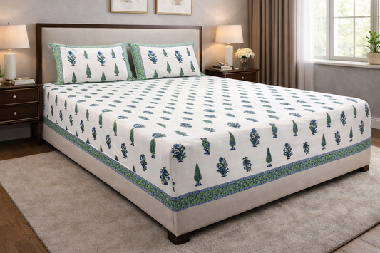 Handblock Printed Fitted Cotton Bedsheet – 100% Pure Cotton | Queen, King & Super King Size | Elastic Mattress Sheet