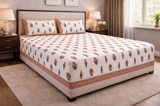 Handblock Printed Fitted Cotton Bedsheet – 100% Pure Cotton | Queen, King & Super King Size | Elastic Mattress Sheet