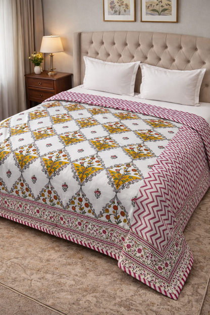 King Size Cotton Dohar 90×108 | 3 Layer Reversible Handblock Printed Double Bed Dohar | Pure Cotton Summer Quilt | Lightweight AC Dohar by The Handblock Jaipur