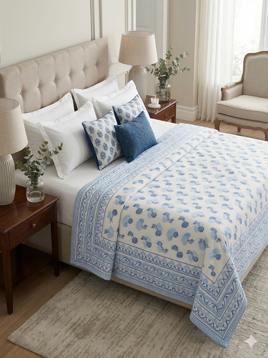 King Size Cotton Dohar 90×108 | 3 Layer Reversible Handblock Printed Double Bed Dohar | Pure Cotton Summer Quilt | Lightweight AC Dohar by The Handblock Jaipur