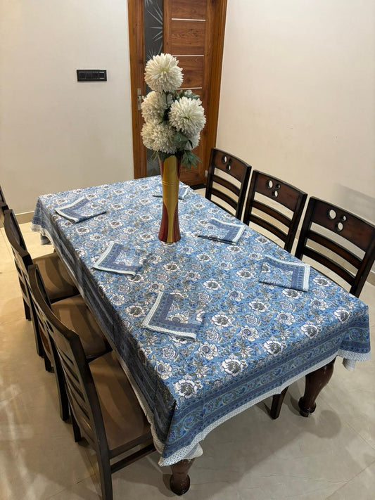 6 Seater Handblock Printed Dining Table Cover with 6 Napkins | Heavy South Cotton Murgan Fabric | 150×225 cm Tablecloth | Handmade Home Furnishing by The Handblock Jaipur