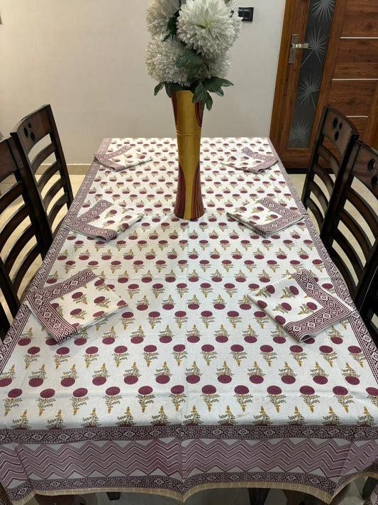 6 Seater Handblock Printed Dining Table Cover with 6 Napkins | Heavy South Cotton Murgan Fabric | 150×225 cm Tablecloth | Handmade Home Furnishing by The Handblock Jaipur