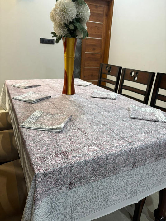 6 Seater Handblock Printed Dining Table Cover with 6 Napkins | Heavy South Cotton Murgan Fabric | 150×225 cm Tablecloth | Handmade Home Furnishing by The Handblock Jaipur