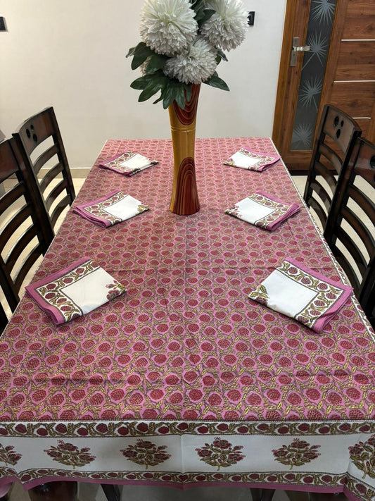 6 Seater Handblock Printed Dining Table Cover with 6 Napkins | Heavy South Cotton Murgan Fabric | 150×225 cm Tablecloth | Handmade Home Furnishing by The Handblock Jaipur