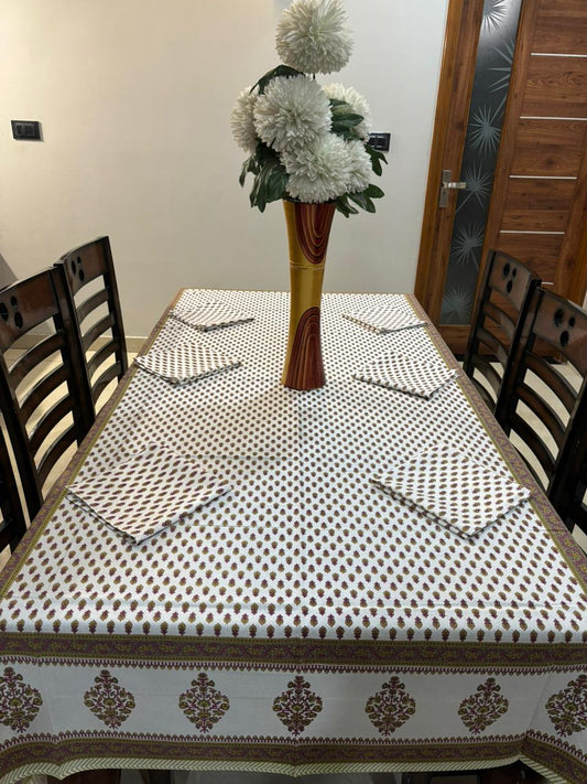 6 Seater Handblock Printed Dining Table Cover with 6 Napkins | Heavy South Cotton Murgan Fabric | 150×225 cm Tablecloth | Handmade Home Furnishing by The Handblock Jaipur