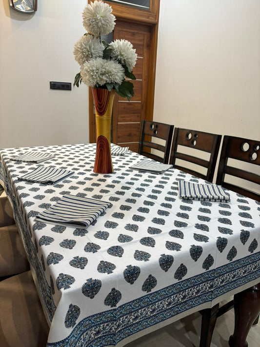 6 Seater Handblock Printed Dining Table Cover with 6 Napkins | Heavy South Cotton Murgan Fabric | 150×225 cm Tablecloth | Handmade Home Furnishing by The Handblock Jaipur