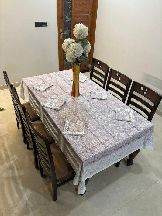 6 Seater Handblock Printed Dining Table Cover with 6 Napkins | Heavy South Cotton Murgan Fabric | 150×225 cm Tablecloth | Handmade Home Furnishing by The Handblock Jaipur