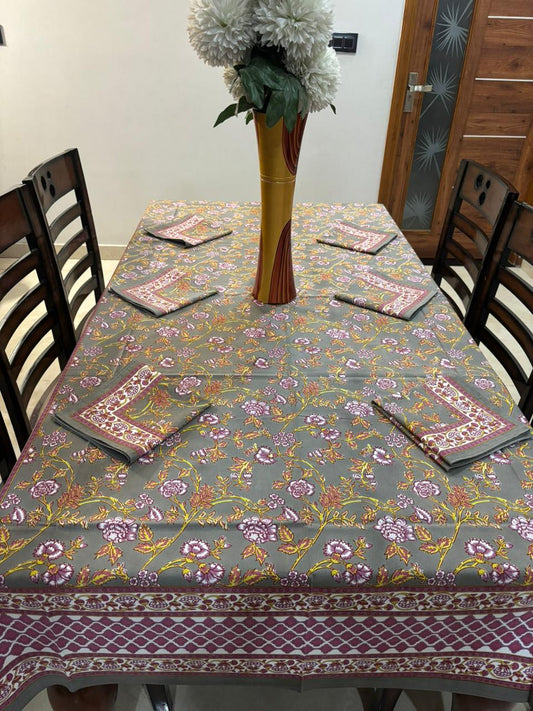 6 Seater Handblock Printed Dining Table Cover with 6 Napkins | Heavy South Cotton Murgan Fabric | 150×225 cm Tablecloth | Handmade Home Furnishing by The Handblock Jaipur