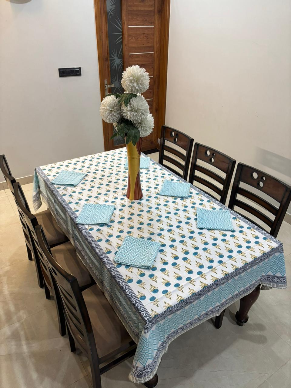 6 Seater Handblock Printed Dining Table Cover with 6 Napkins | Heavy South Cotton Murgan Fabric | 150×225 cm Tablecloth | Handmade Home Furnishing by The Handblock Jaipur