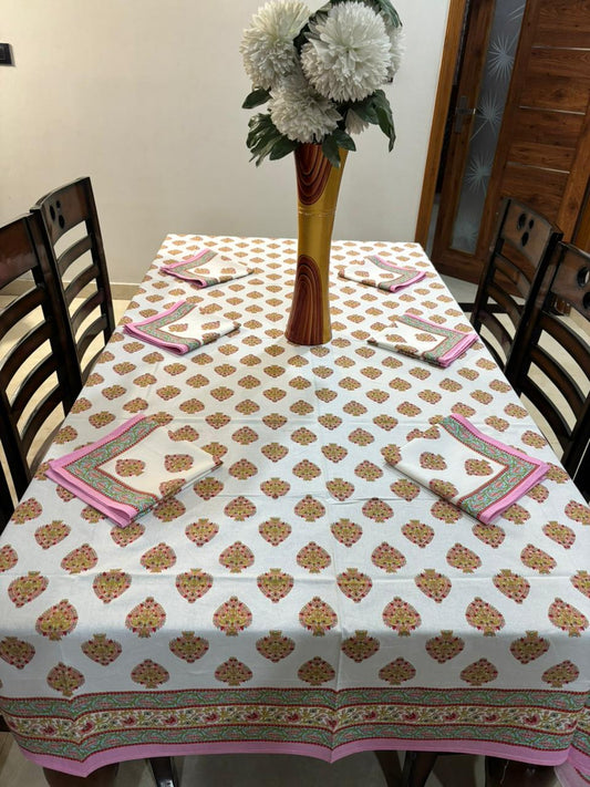 6 Seater Handblock Printed Dining Table Cover with 6 Napkins | Heavy South Cotton Murgan Fabric | 150×225 cm Tablecloth | Handmade Home Furnishing by The Handblock Jaipur