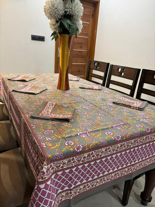 6 Seater Handblock Printed Dining Table Cover with 6 Napkins | Heavy South Cotton Murgan Fabric | 150×225 cm Tablecloth | Handmade Home Furnishing by The Handblock Jaipur
