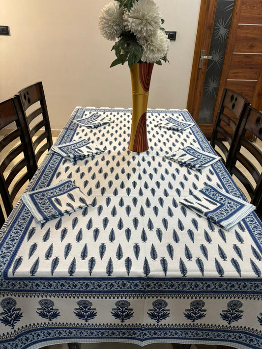 6 Seater Handblock Printed Dining Table Cover with 6 Napkins | Heavy South Cotton Murgan Fabric | 150×225 cm Tablecloth | Handmade Home Furnishing by The Handblock Jaipur