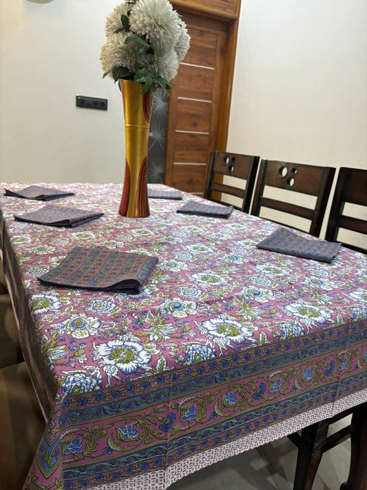 6 Seater Handblock Printed Dining Table Cover with 6 Napkins | Heavy South Cotton Murgan Fabric | 150×225 cm Tablecloth | Handmade Home Furnishing by The Handblock Jaipur