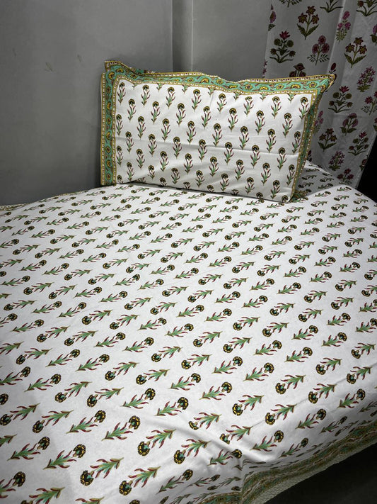South Cotton Floral Single Bedsheet with Pillow Cover | Handblock Printed |The Handblock Jaipur