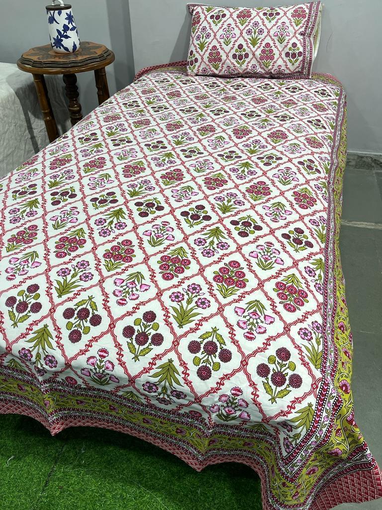 South Cotton Floral Single Bedsheet with Pillow Cover | Handblock Printed |The Handblock Jaipur