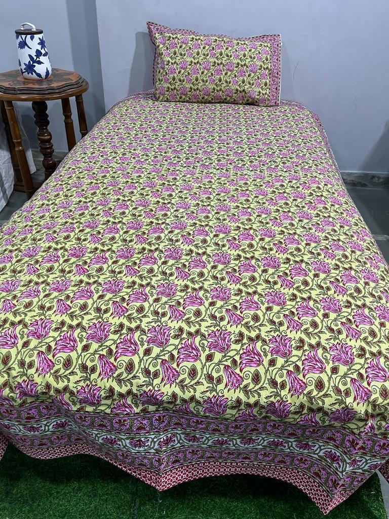 South Cotton Floral Single Bedsheet with Pillow Cover | Handblock Printed |The Handblock Jaipur