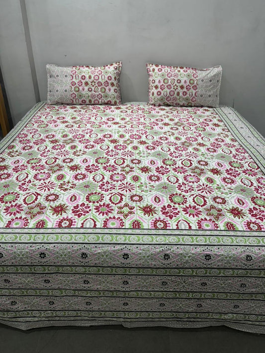 Handblock Printed Super King Size Cotton Bedsheet 108×108 with 2 Pillow Covers | South Cotton Murgan Fabric | Soft & Colorfast