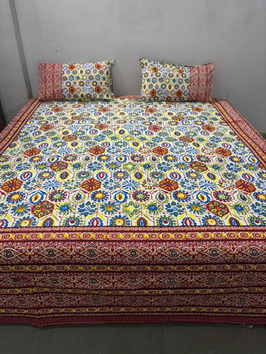 Handblock Printed Super King Size Cotton Bedsheet 108×108 with 2 Pillow Covers | South Cotton Murgan Fabric | Soft & Colorfast