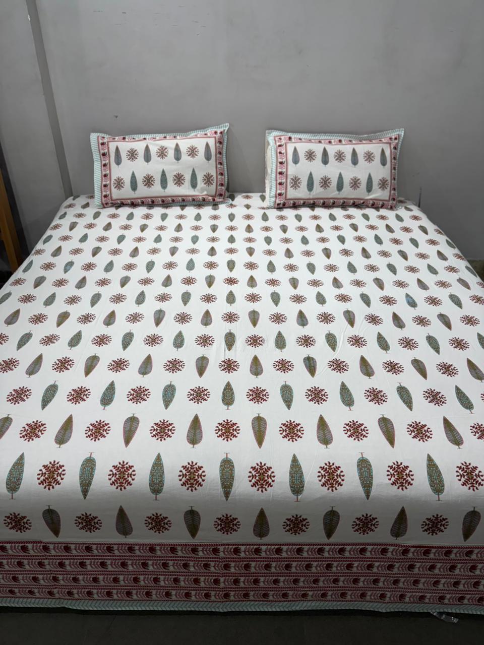 Handblock Printed Super King Size Cotton Bedsheet 108×108 with 2 Pillow Covers | South Cotton Murgan Fabric | Soft & Colorfast