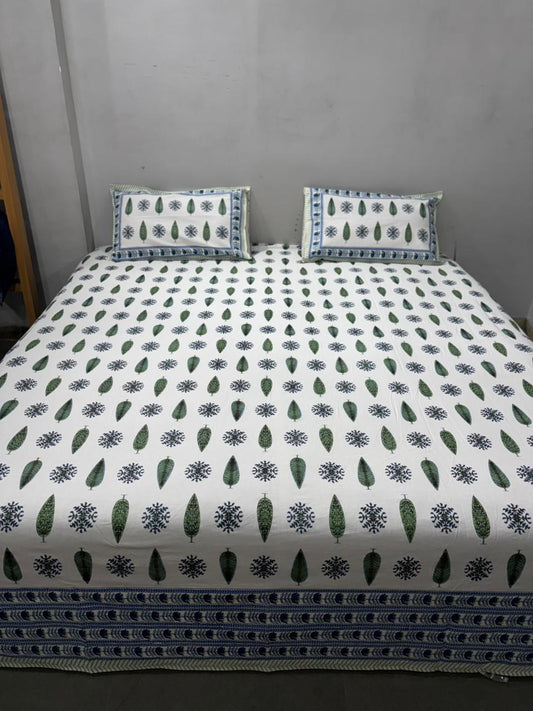 Handblock Printed Super King Size Cotton Bedsheet 108×108 with 2 Pillow Covers | South Cotton Murgan Fabric | Soft & Colorfast