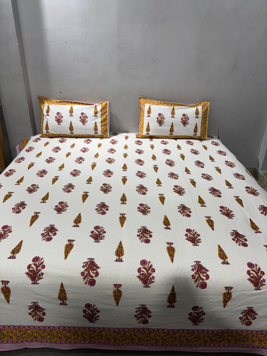 Handblock Printed Super King Size Cotton Bedsheet 108×108 with 2 Pillow Covers | South Cotton Murgan Fabric | Soft & Colorfast