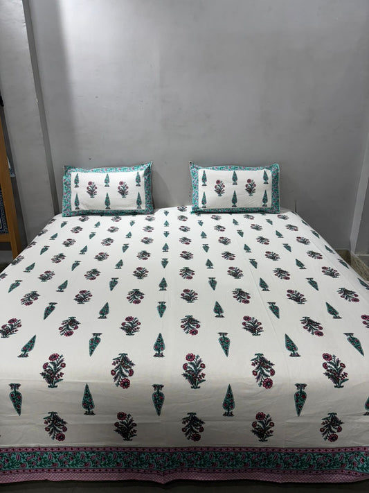 Handblock Printed Super King Size Cotton Bedsheet 108×108 with 2 Pillow Covers | South Cotton Murgan Fabric | Soft & Colorfast