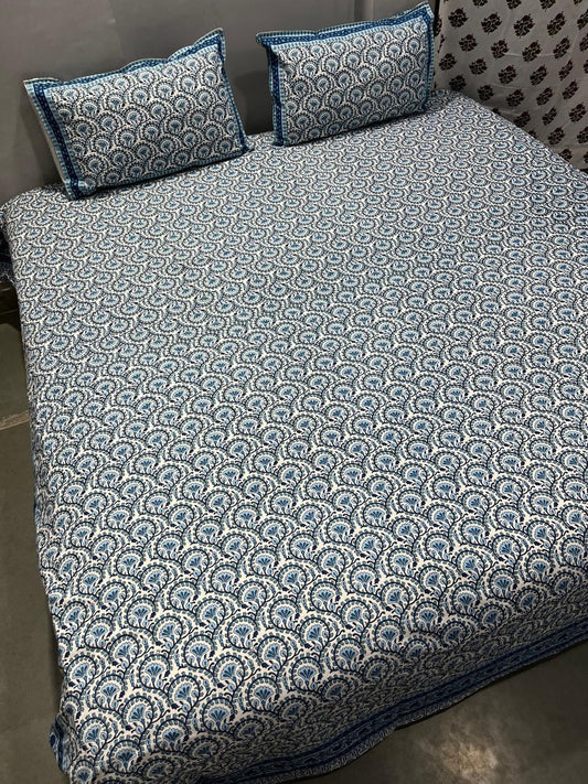 Handblock Printed Super King Size Cotton Bedsheet 108×108 with 2 Pillow Covers | South Cotton Murgan Fabric | Soft & Colorfast