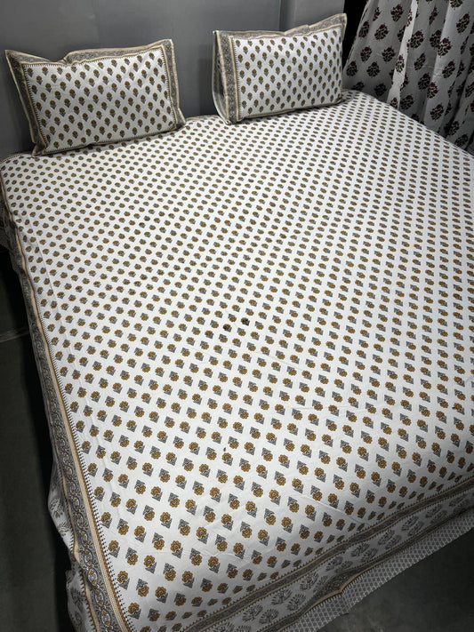 Handblock Printed Super King Size Cotton Bedsheet 108×108 with 2 Pillow Covers | South Cotton Murgan Fabric | Soft & Colorfast