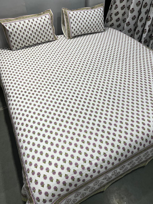 Handblock Printed Super King Size Cotton Bedsheet 108×108 with 2 Pillow Covers | South Cotton Murgan Fabric | Soft & Colorfast