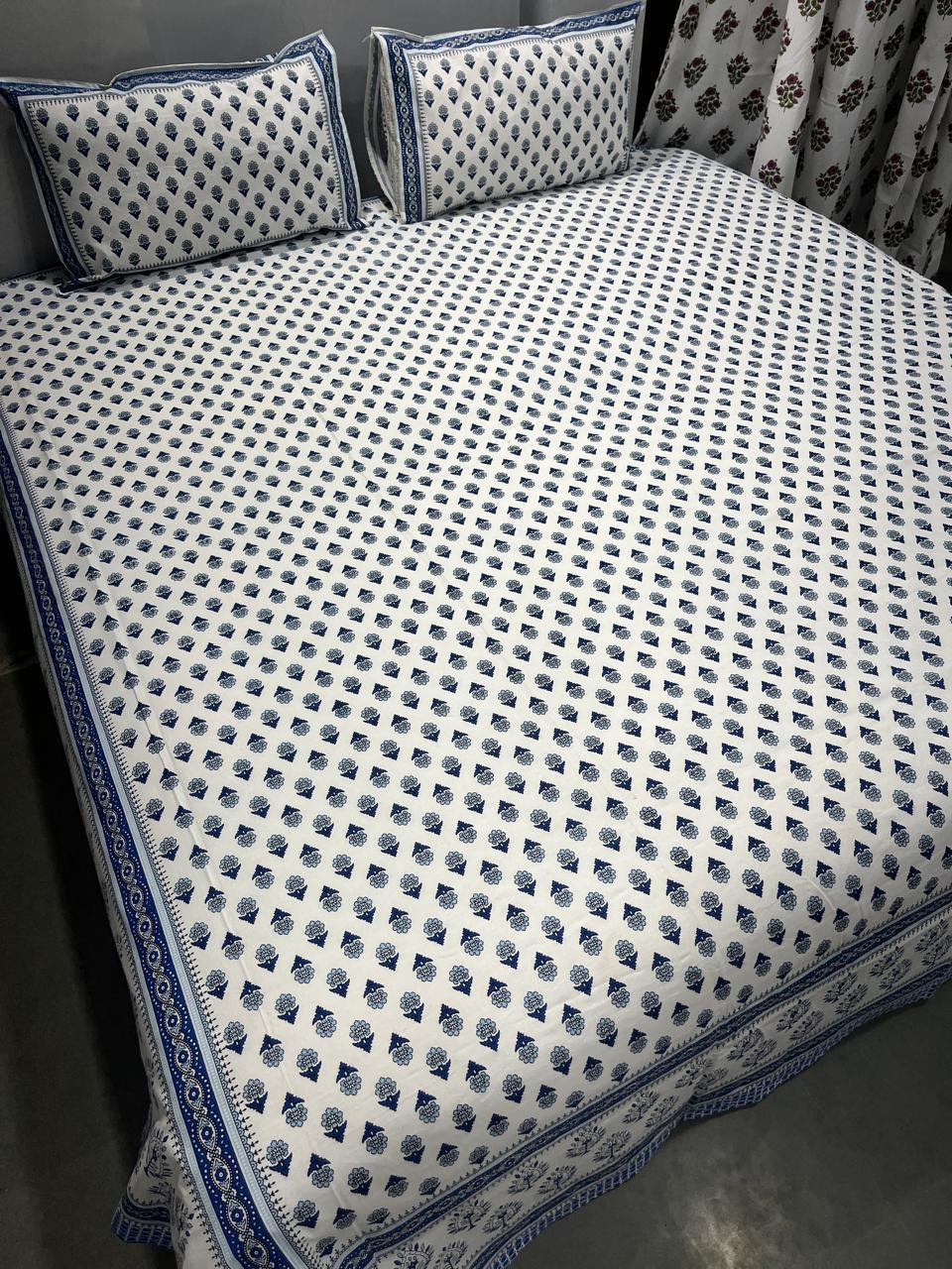 Handblock Printed Super King Size Cotton Bedsheet 108×108 with 2 Pillow Covers | South Cotton Murgan Fabric | Soft & Colorfast