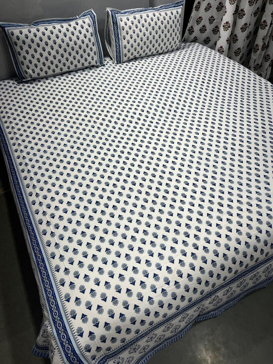 Handblock Printed Super King Size Cotton Bedsheet 108×108 with 2 Pillow Covers | South Cotton Murgan Fabric | Soft & Colorfast