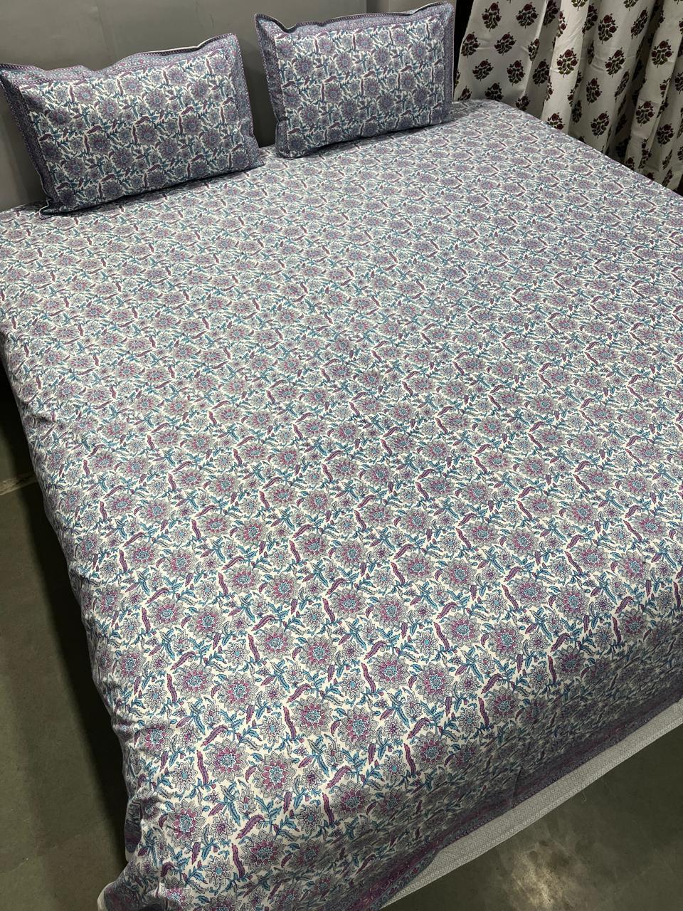Handblock Printed Super King Size Cotton Bedsheet 108×108 with 2 Pillow Covers | South Cotton Murgan Fabric | Soft & Colorfast