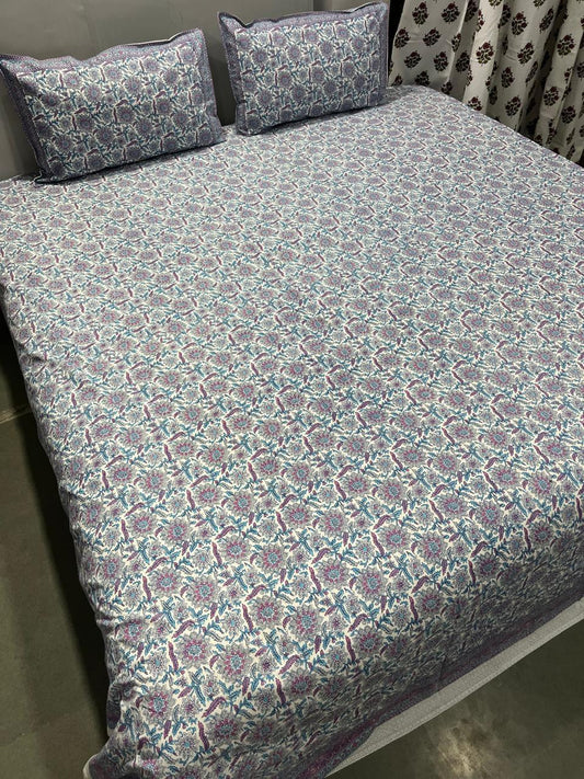 Handblock Printed Super King Size Cotton Bedsheet 108×108 with 2 Pillow Covers | South Cotton Murgan Fabric | Soft & Colorfast