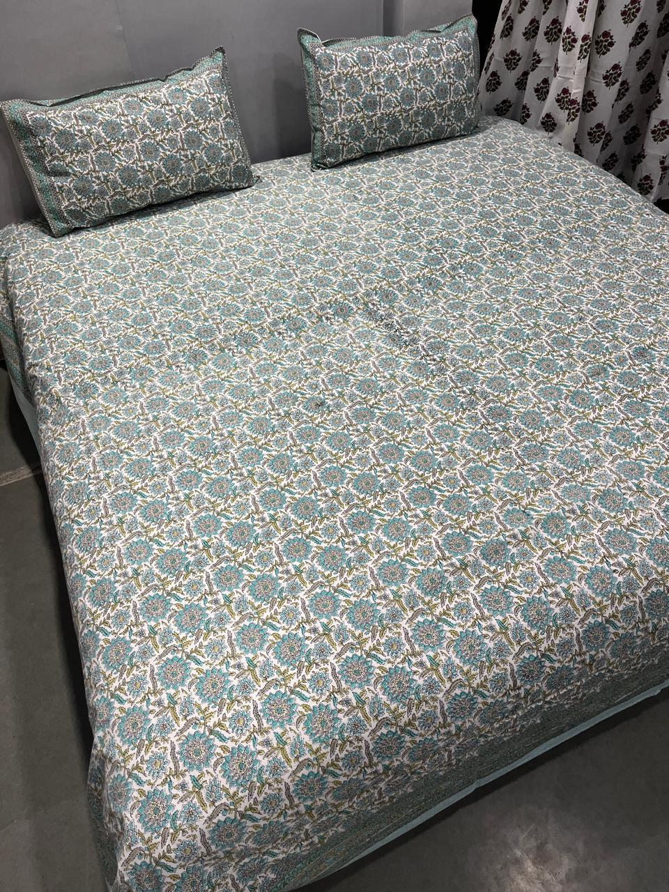 Handblock Printed Super King Size Cotton Bedsheet 108×108 with 2 Pillow Covers | South Cotton Murgan Fabric | Soft & Colorfast