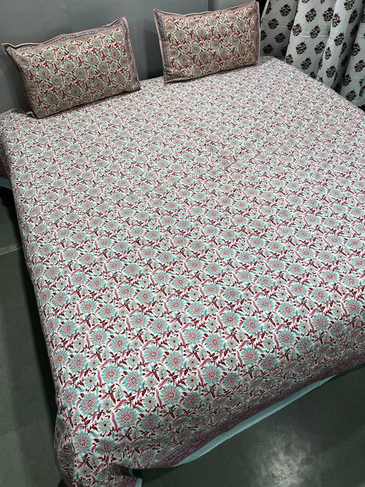 Handblock Printed Super King Size Cotton Bedsheet 108×108 with 2 Pillow Covers | South Cotton Murgan Fabric | Soft & Colorfast