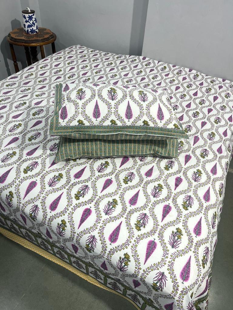 Handblock Printed Super King Size Cotton Bedsheet 108×108 with 2 Pillow Covers | South Cotton Murgan Fabric | Soft & Colorfast