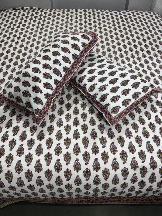 Handblock Printed Cotton Bedsheet King Size with 2 Pillow Covers | South Murgan Fabric | 90×108 Double Bed
