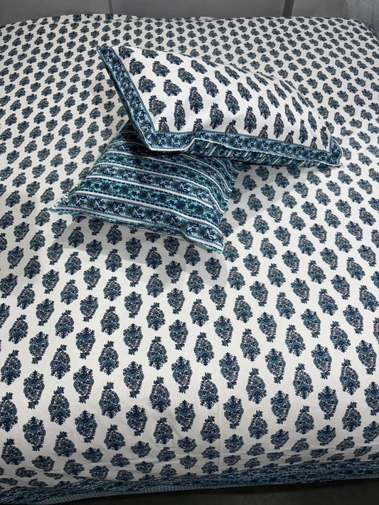 Handblock Printed Cotton Bedsheet King Size with 2 Pillow Covers | South Murgan Fabric | 90×108 Double Bed